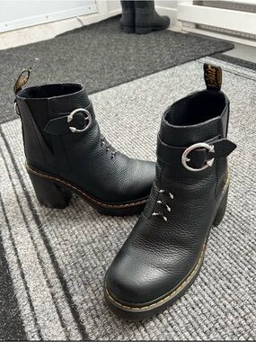 Dr. Martens Black Leather Chunky Heel Ankle Boots with Silver Buckles